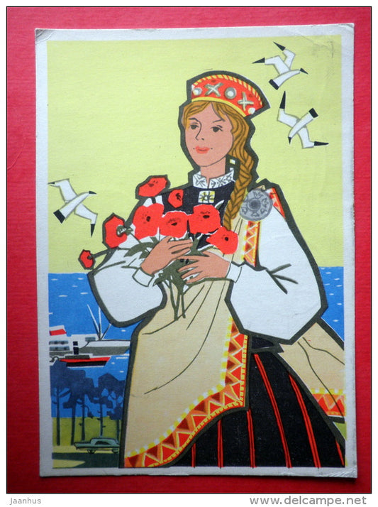 Greeting Card - by V. Lember-Bogatkina - Woman in National Costumes - flowers - birds - 1966 - Russia USSR - used - JH Postcards