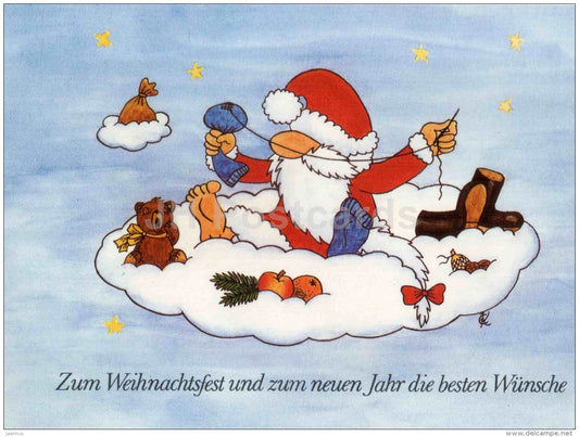 Christmas Greeting Card - illustration - Santa Claus - gifts - apples - teddy bear - socks - Germany - used - JH Postcards