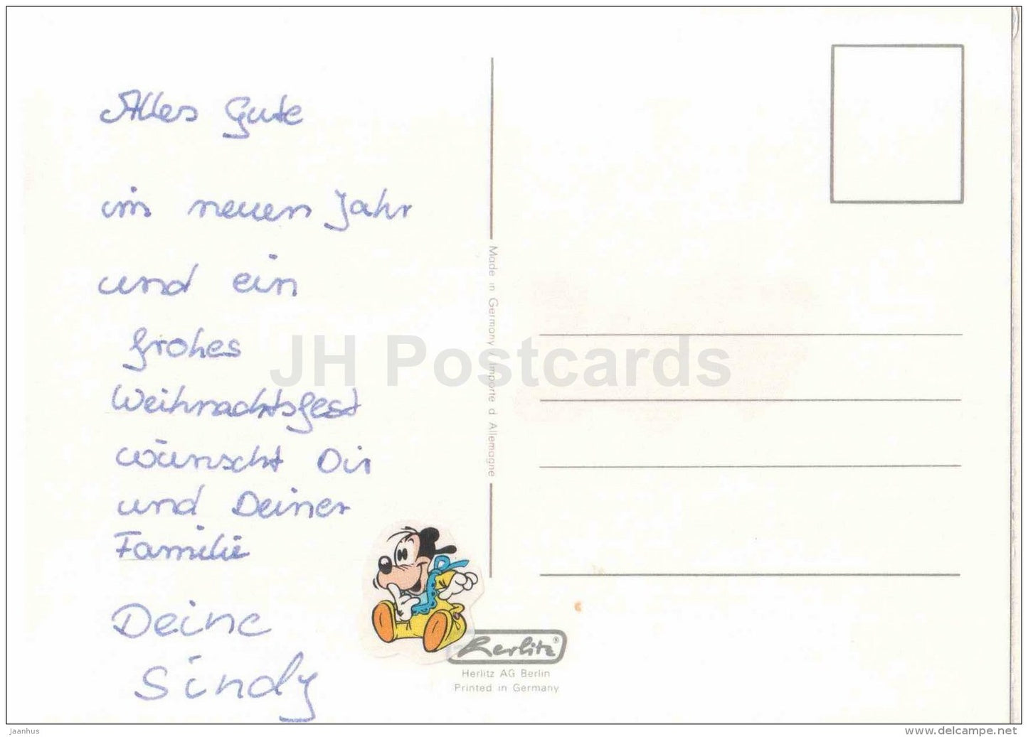 Christmas Greeting Card - illustration - Santa Claus - gifts - apples - teddy bear - socks - Germany - used - JH Postcards
