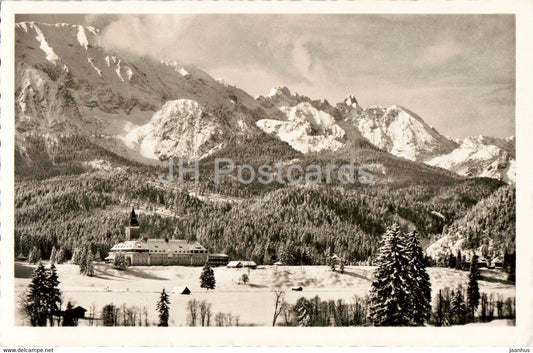 Schloss Elmau mit Dreitorspitze - old postcard - 1955 - Germany - used - JH Postcards