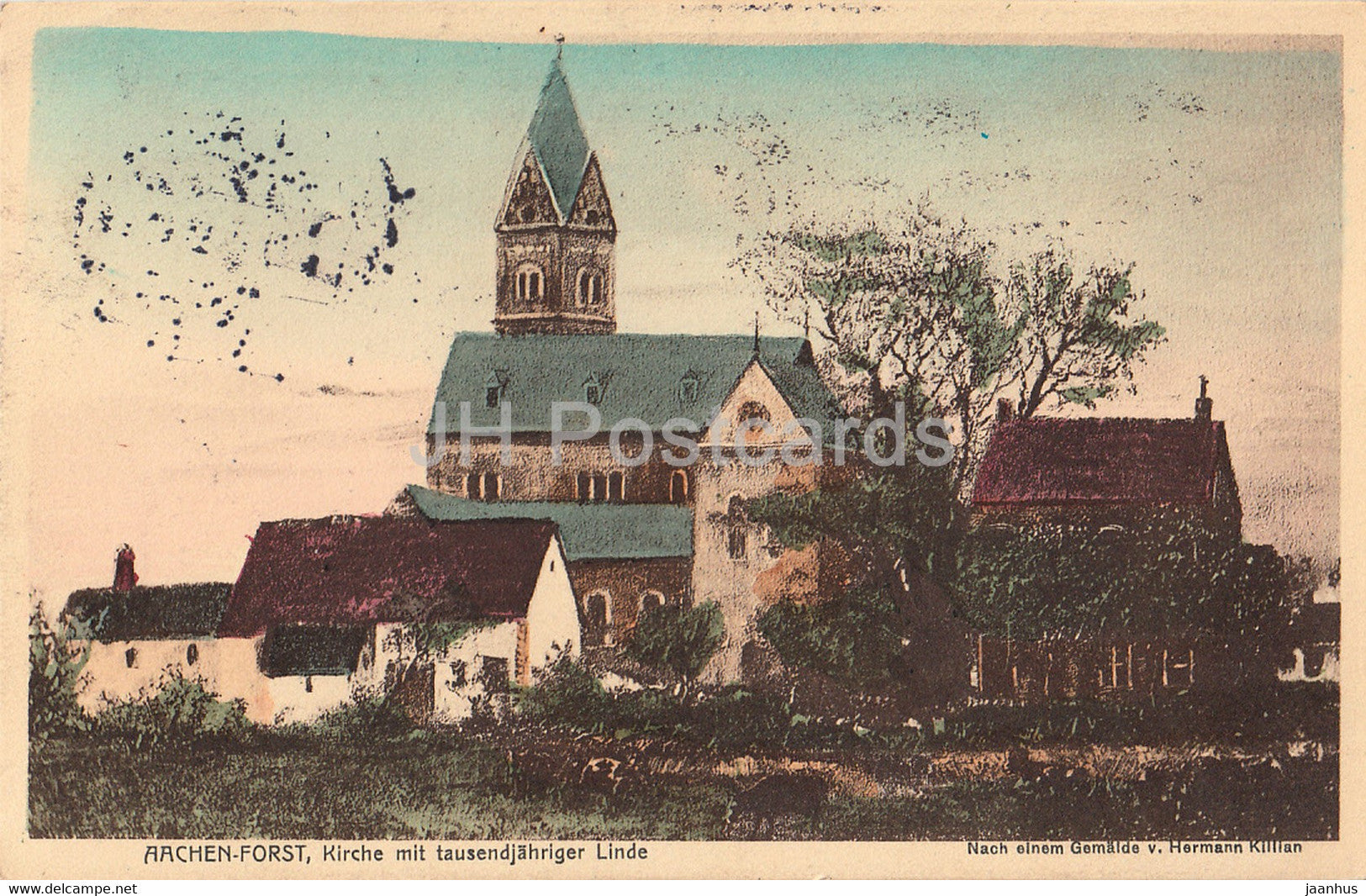 Aachen Forst - Kirche mit tausendjahrige Linde - Gemalde v Hermann Killian - old postcard - 1913 - Germany - used - JH Postcards