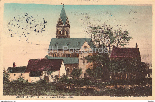 Aachen Forst - Kirche mit tausendjahrige Linde - Gemalde v Hermann Killian - old postcard - 1913 - Germany - used - JH Postcards