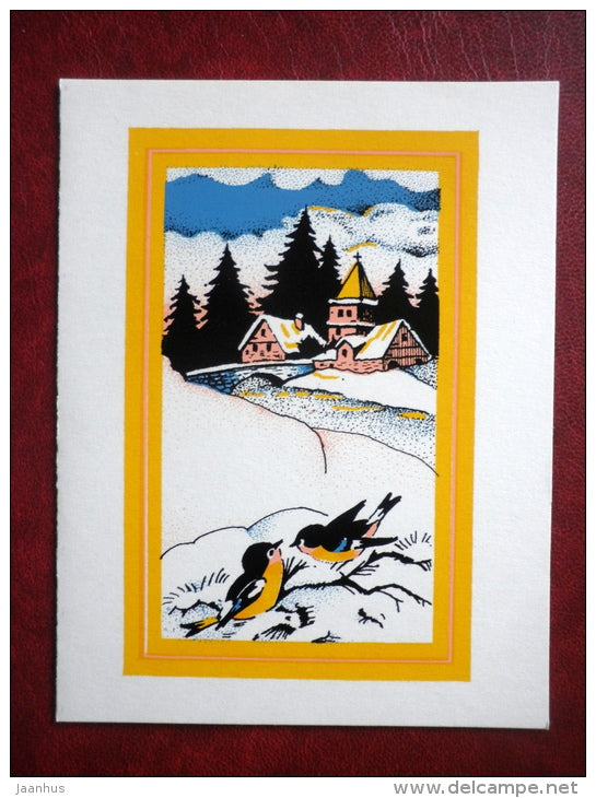 New Year Greeting card - birds - church - sent in 1992 - Estonia USSR - used - JH Postcards