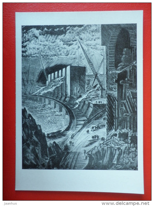 painting by A. Kravchenko . Dneprostroy . Dam , 1931 - ukrainian art  - unused - JH Postcards