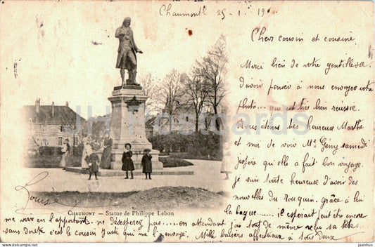 Chaumont - Statue de Philippe Lebon - monument to French engineer - old postcard - 1904 - France - used - JH Postcards