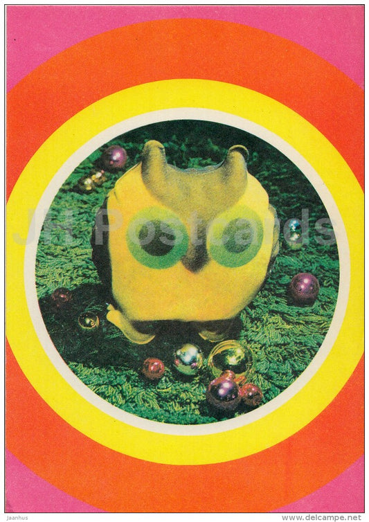 New Year Greeting Card - owl - decorations - 1977 - Estonia USSR - used - JH Postcards