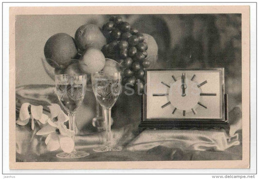 New Year Greeting Card - clock - goblets - grape - orange - circulated in Estonia Räpina 1942 - JH Postcards