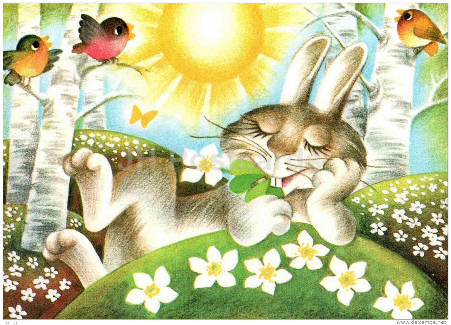 illustration by Ü. Meister - 12 Months , May - hare - rabbit - birds - 1990 - Estonia USSR - unused - JH Postcards