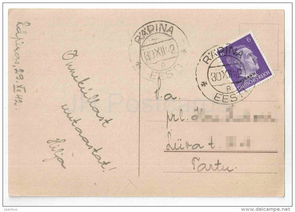 New Year Greeting Card - clock - goblets - grape - orange - circulated in Estonia Räpina 1942 - JH Postcards