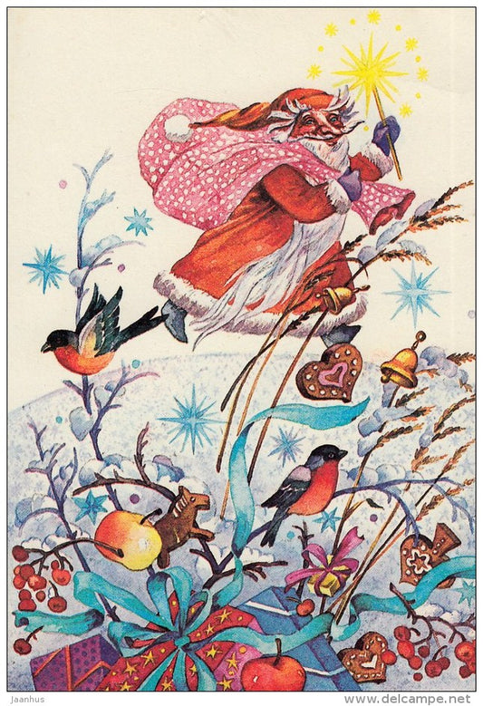 New Year Greeting Card by V. Stanishevskaya - Santa Claus - bullfinch - birds - 1986 - Estonia USSR - unused - JH Postcards