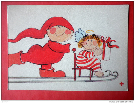 Christmas Greeting Card - children - push sledg - Finland - circulated in Finland - JH Postcards