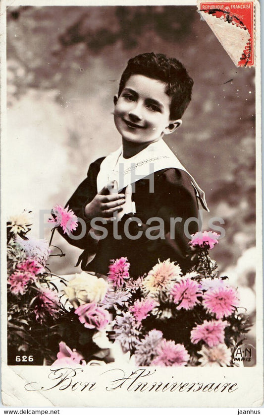 Birthday Greeting Card - Bon Anniversaire - boy - 626 - AN Paris - old postcard - France - used - JH Postcards