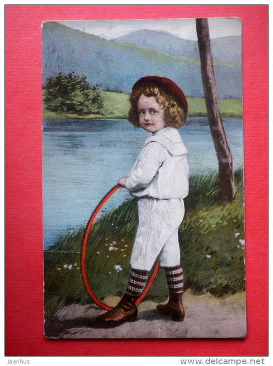 illustration - boy - Hula Hoop - river - 2802 - circulated in Estonia Wesenberg Mail Wagon Imperial Russia 1909 - JH Postcards