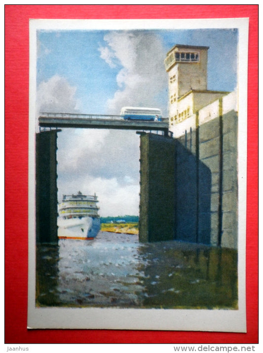 illustration by K. Dzhakov - First Sluice - passenger ship - bus - Volga & Baltic Waterway - 1966 - Russia USSR - - JH Postcards