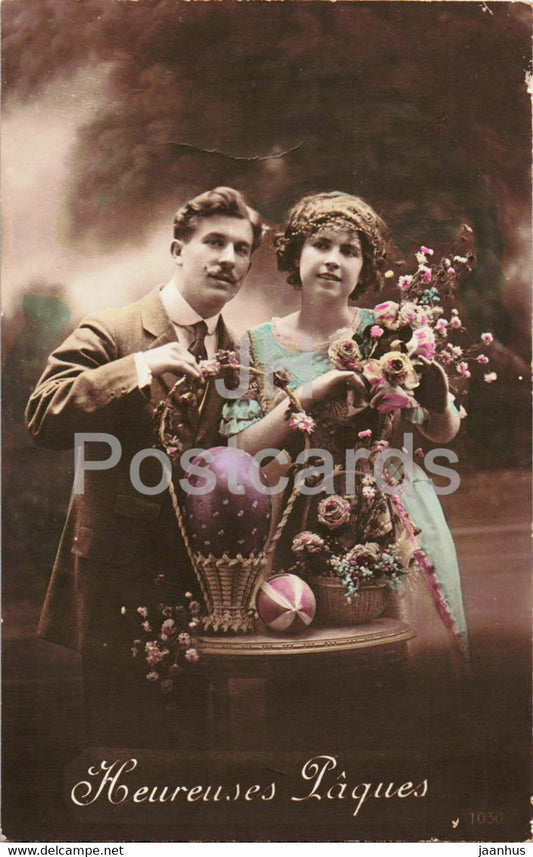 Easter Greeting Card - Heureuses Paques - couple - 1030 - old postcard - old postcard - France - unused - JH Postcards
