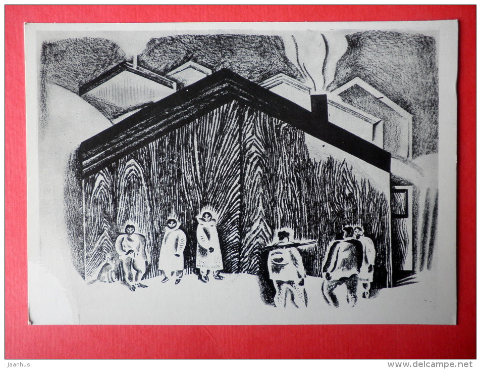 illustration by Vitaly Petrov - Good Mood - Chukotka - people - houses - 1977 - Russia USSR - unused - JH Postcards