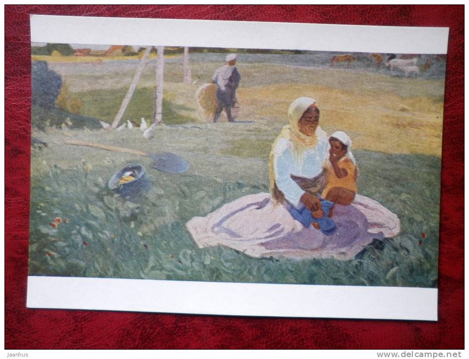 Painting by M. G. Abdulaev - joy - Mother and child - rural life - russian art - unused - JH Postcards