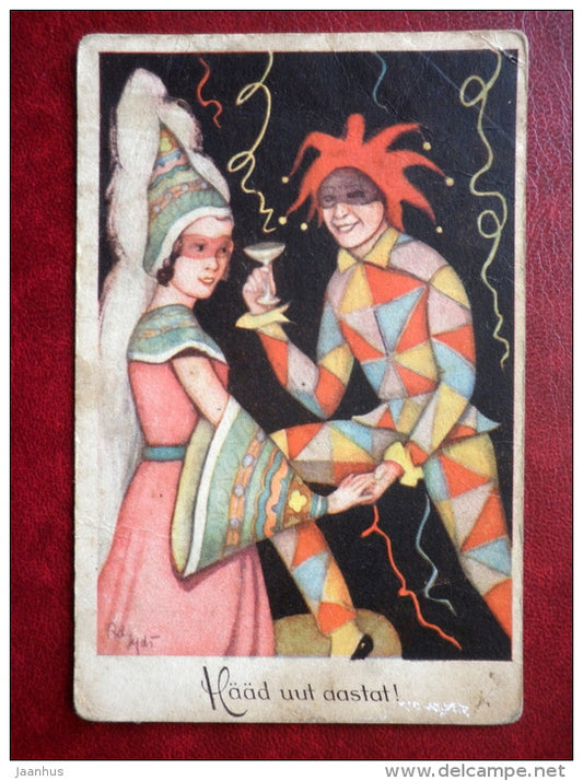 New Year Greeting Card - carnival - Masquerade ball - RTK 13 - 1920s-1930s - Estonia - used - JH Postcards