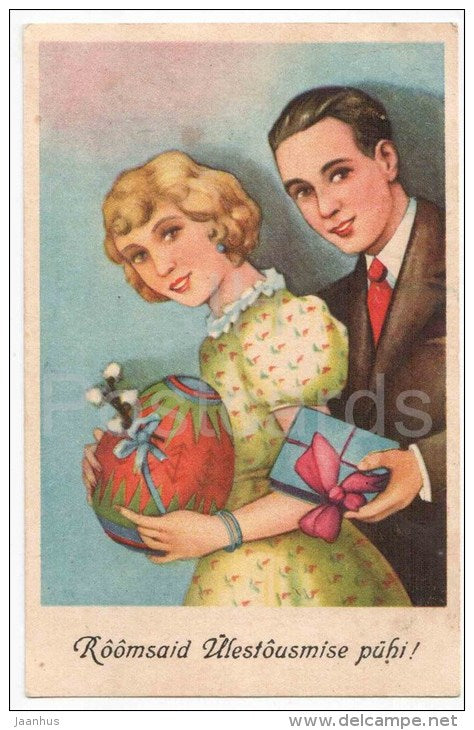 Easter Greeting Card - gift - egg - man and woman - circulated in Estonia Jõgeva 1937 - JH Postcards