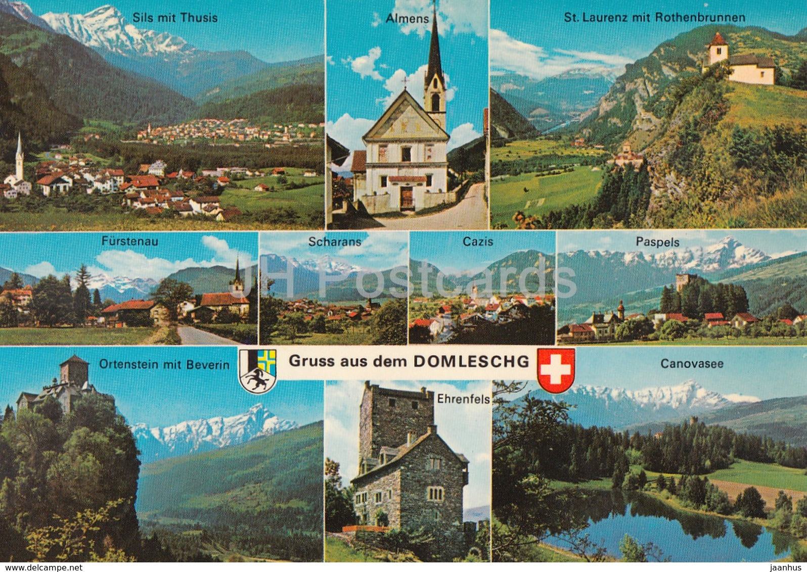 Gruss aus dem Domleschg -Sils mit Thusis - Almens - Furstenau - Scharans - Cazis - Paspels - Switzerland - unused - JH Postcards