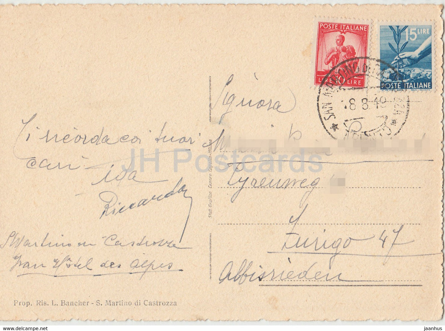 S Martino Di Castrozza 1444 m - Col Gruppo delle Pale - old postcard - 1949 - Italy - used