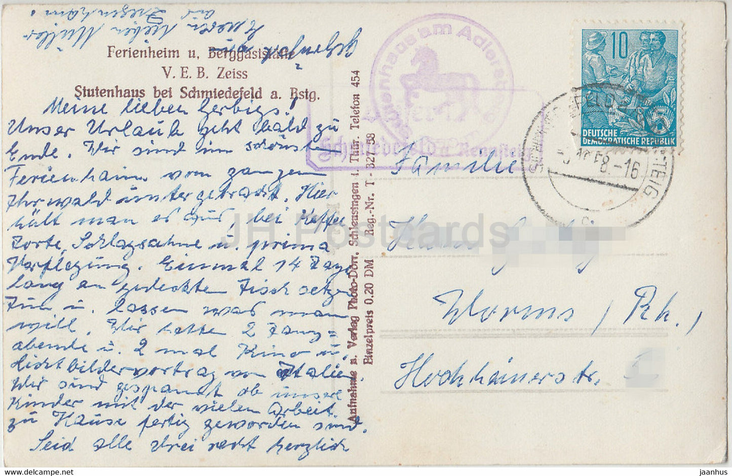 Ferienheim und Berggaststatte VEB Zeiss - Stutenhaus bei Schmiedefeld - alte Postkarte - 1958 - Deutschland DDR - gebraucht
