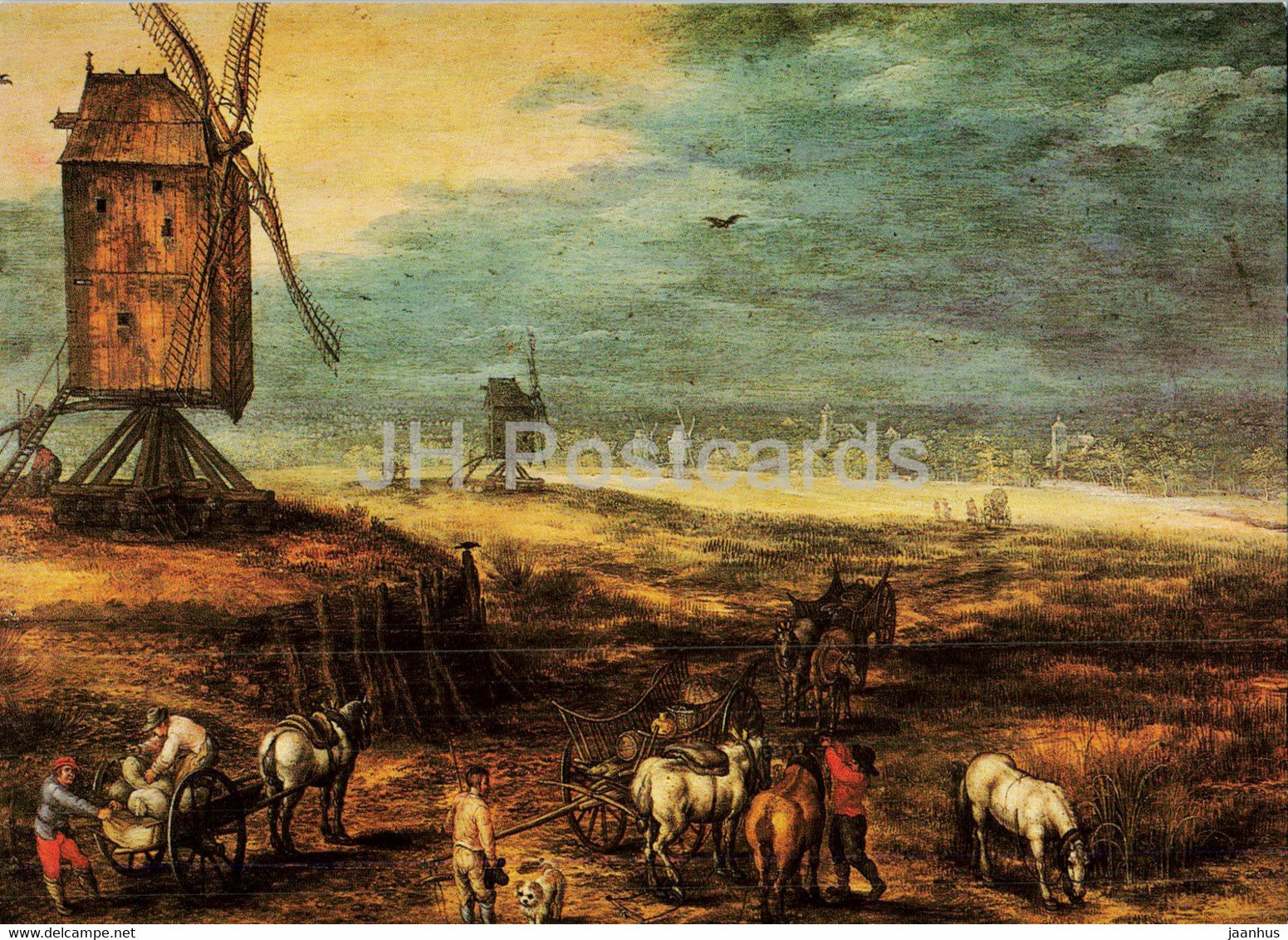 painting by Jan Brueghel the Elder - Landschaft mit Windmuhlen - windmill - horse - Flemish art - Germany - unused - JH Postcards