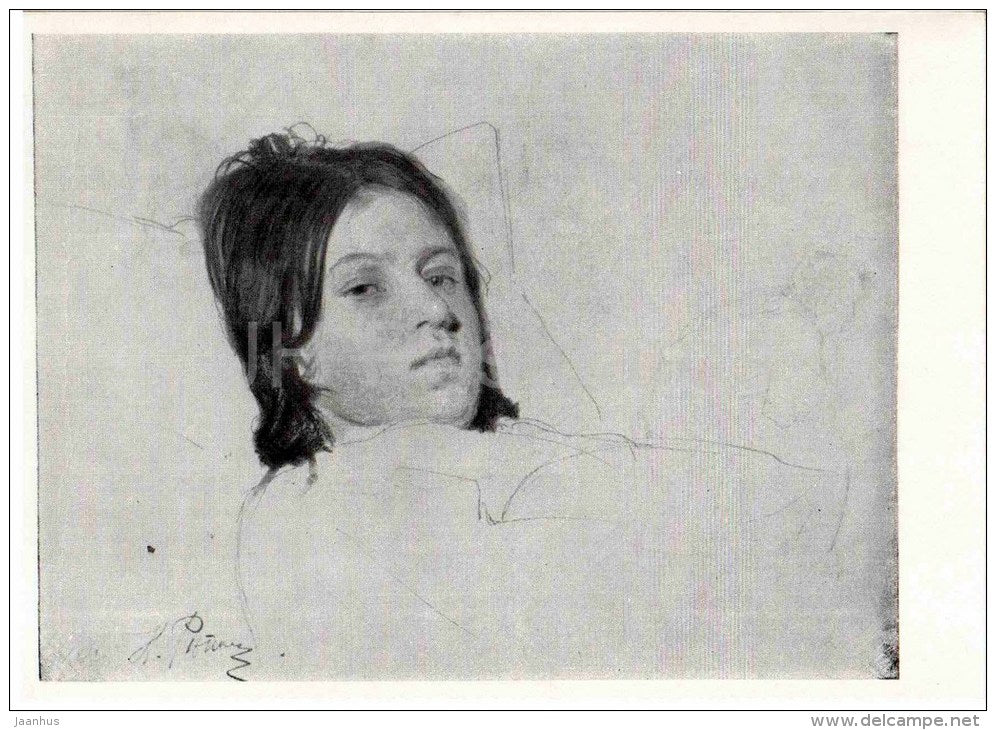 drawing by I. Repin - Woman . V. Repina in the Bed , 1872 - russian art - unused - JH Postcards