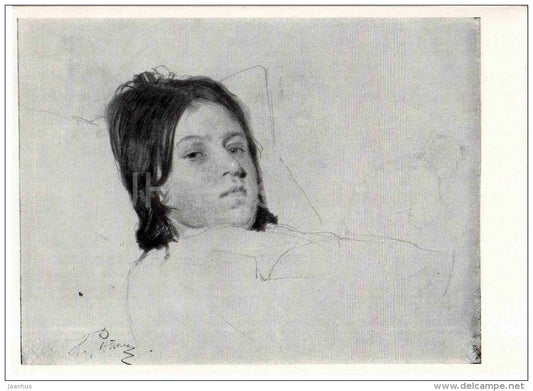 drawing by I. Repin - Woman . V. Repina in the Bed , 1872 - russian art - unused - JH Postcards