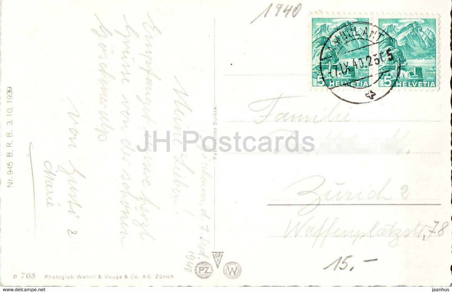 Goschener-Alp 1800 m mit Dammagletscher - carte postale ancienne - 1940 - Suisse - utilisé