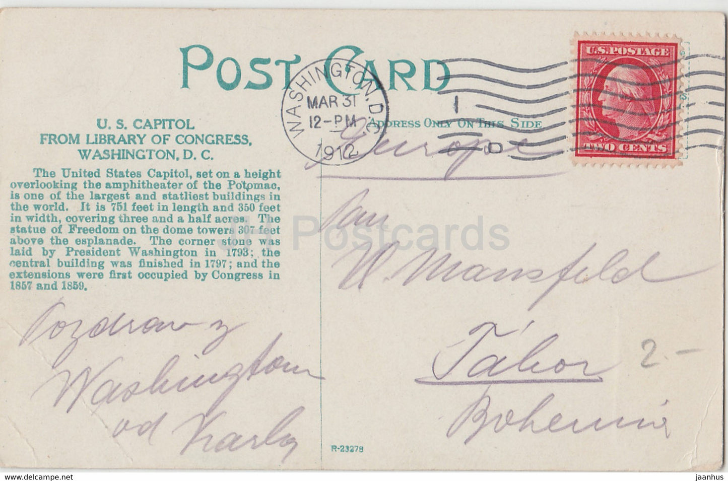 Washington D C - U S Capitol from Library of Congress - 119 - old postcard - 1912 - United States - USA - used