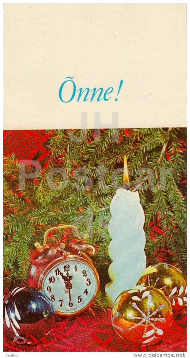 New Year Greeting Card - 3 - decorations - alarm clock - candle - 1980 - Estonia USSR - used - JH Postcards