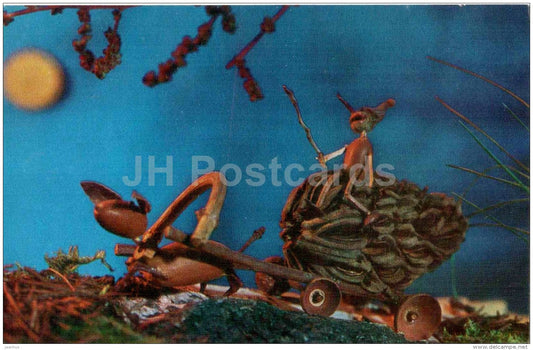 A Big Crop - carriage - cone - acorn - Magic of the Woods - wooden figures - 1971 - Russia USSR - unused - JH Postcards