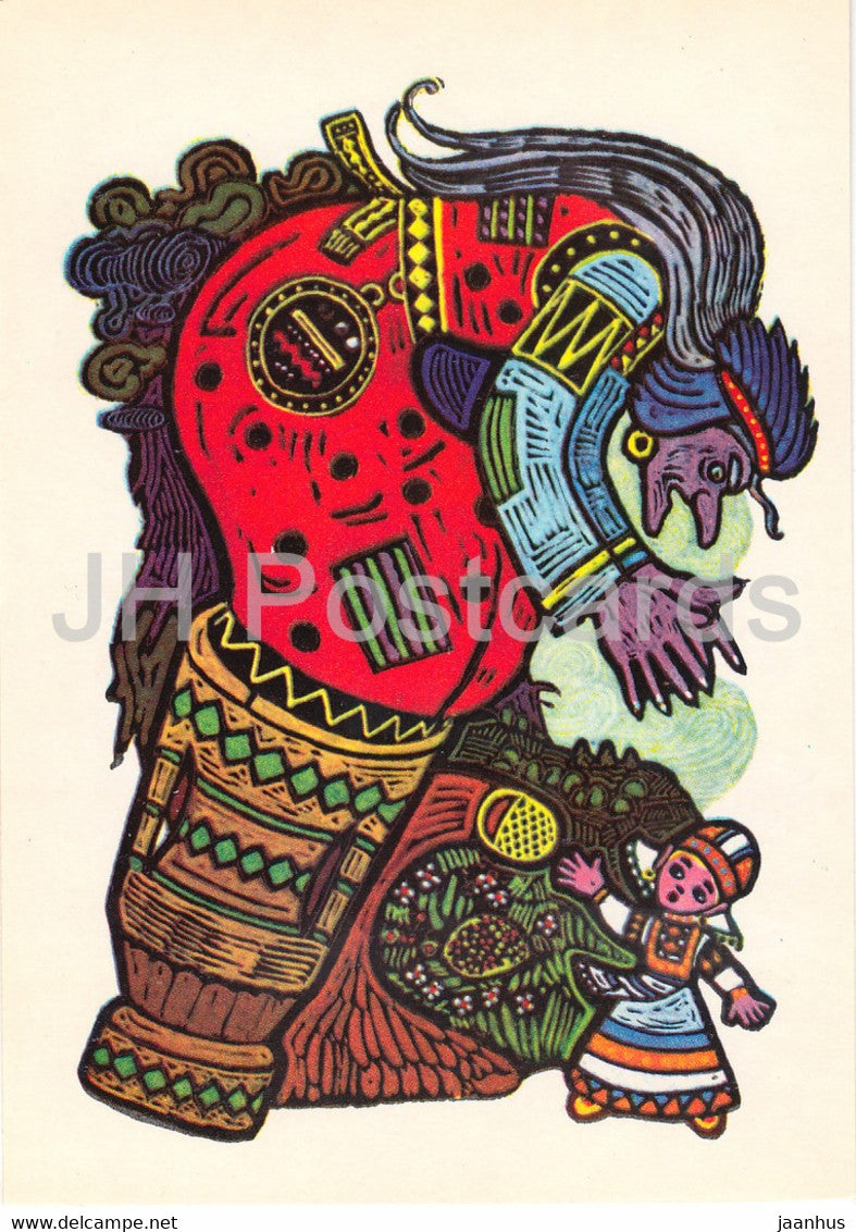 illustration by V. Ignatov - Girl with a spindle - witch - Komi fairy tale - 1977 - Russia USSR - unused - JH Postcards
