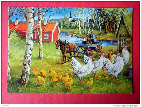Easter Greeting Card by Erik Forsman - chicken - chick - horse carriage - 2196-3 - Finland - circulated in Finland - JH Postcards