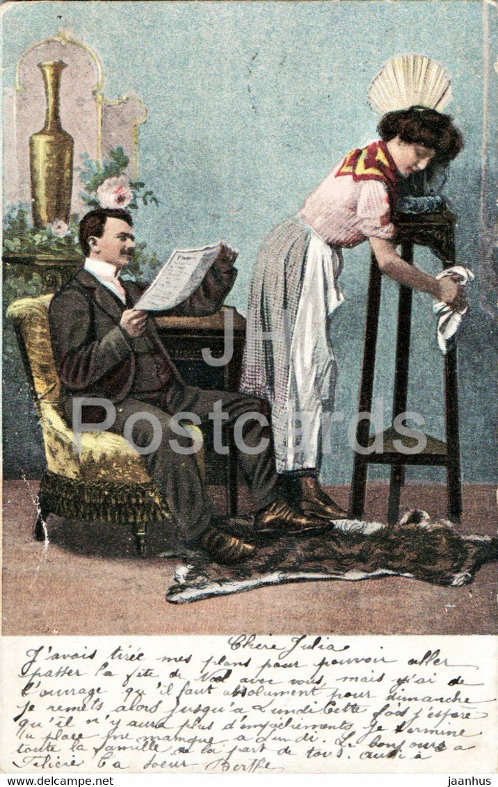 woman an man - clean up - AGM - old postcard - 1904 -France - used - JH Postcards