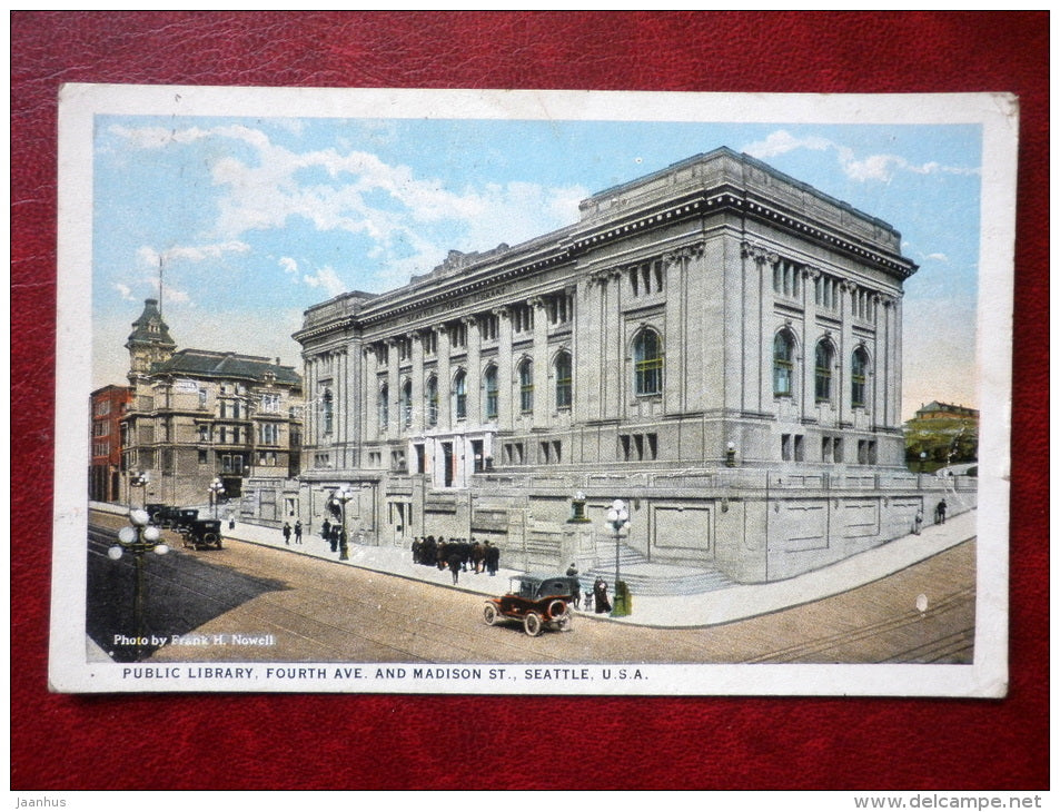 Public Library , Fourth Ave. and Madison St. Washington - old cars - sent to Estonia in 1924 - USA - used - JH Postcards