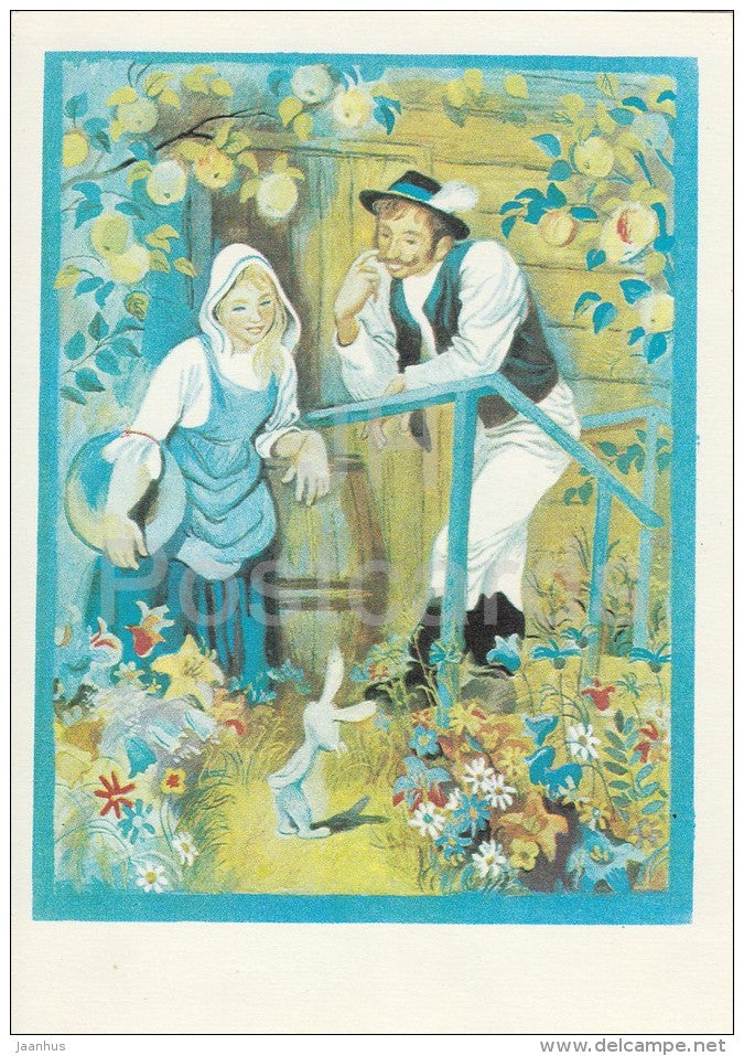 illustration - hare - man and woman - Don´t Cry Mushroom by D. Mrazkova - fairy tale  - 1979 - Russia USSR - unuse - JH Postcards