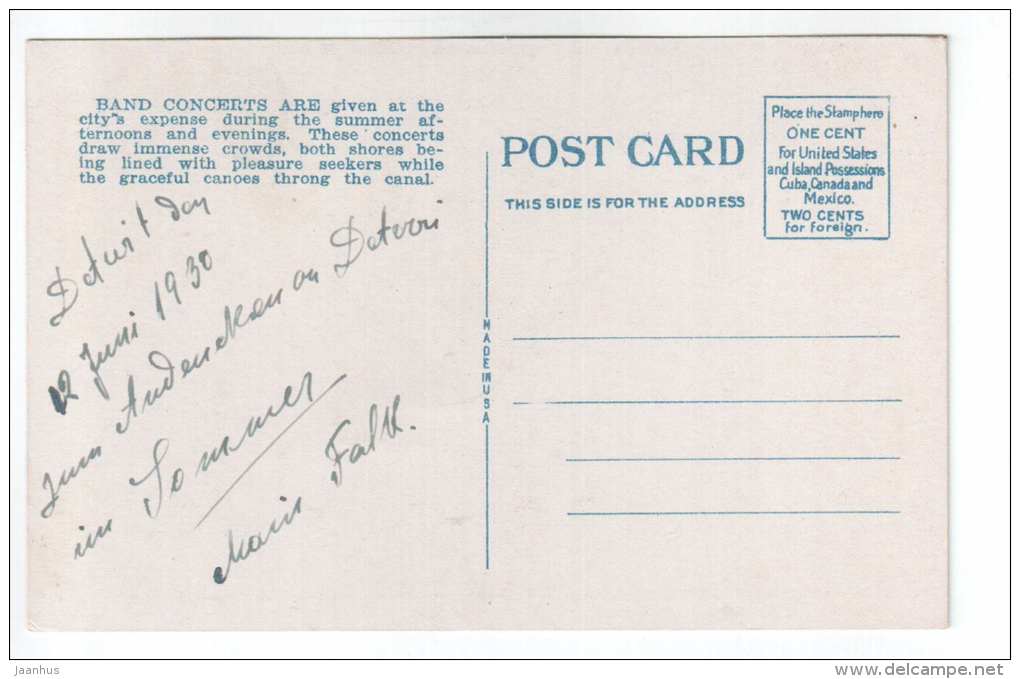 Band Concert Day , Belle Isle , Detroit , Mich - boat - 522 - old postcard - USA - used - JH Postcards