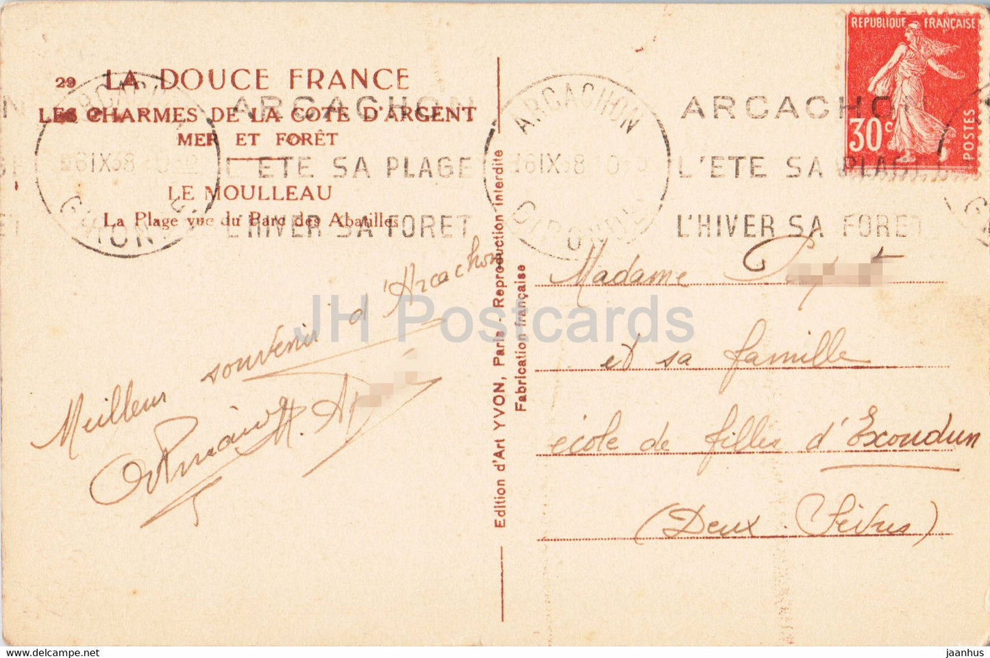 Le Moulleau - La Plage vue du Parc des Abatilles - carte postale ancienne - 1938 - France - occasion