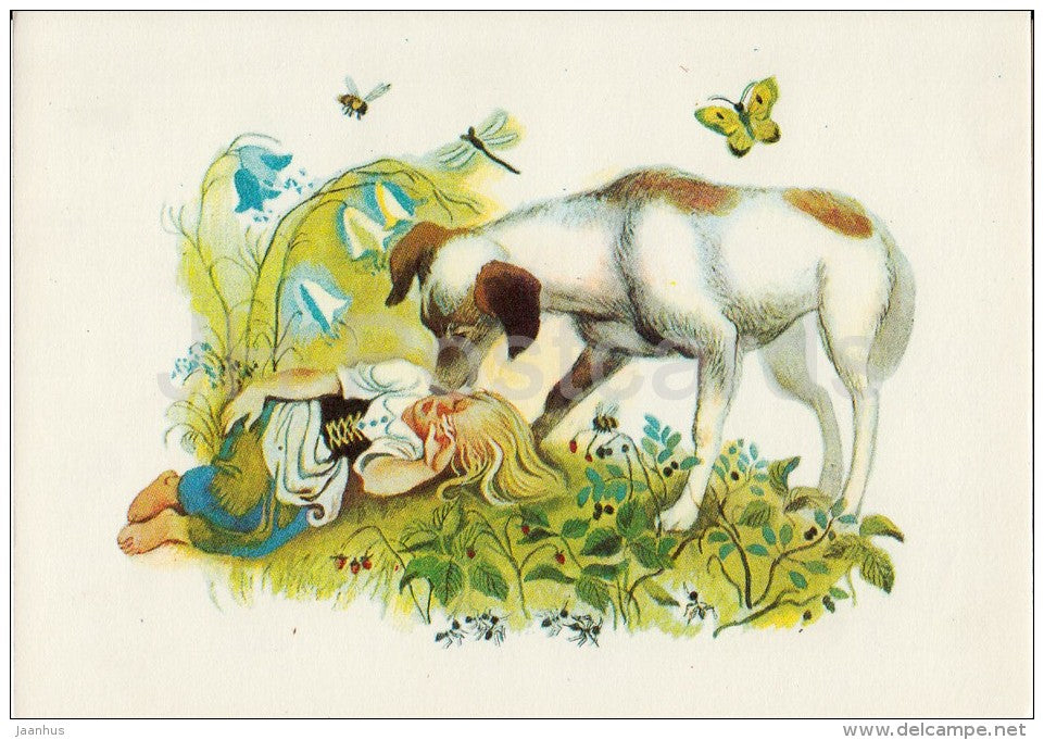 illustration - dog - girl - butterfly - Don´t Cry Mushroom by D. Mrazkova - fairy tale  - 1979 - Russia USSR - unu - JH Postcards