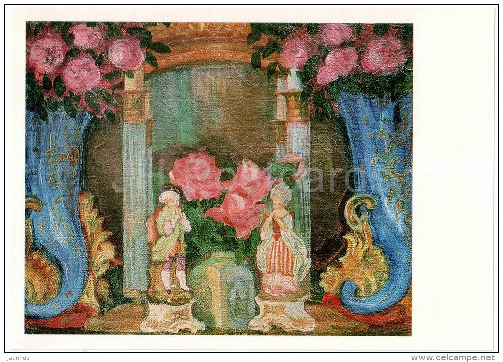 painting by Sergei Sudeikin , Still Life with porcelain figurines , 1909 - large format postcard - russian art - unused - JH Postcards