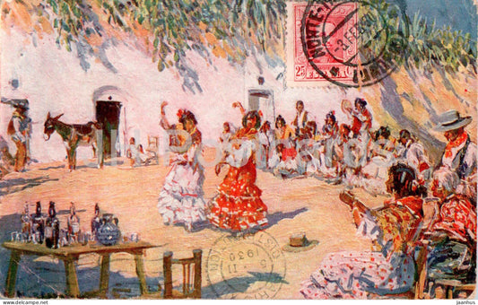 Zambra Gitana - folk dance - folk costumes - gypsy - illustration by M. Bertuchi - old postcard - 1930 - Spain - used - JH Postcards