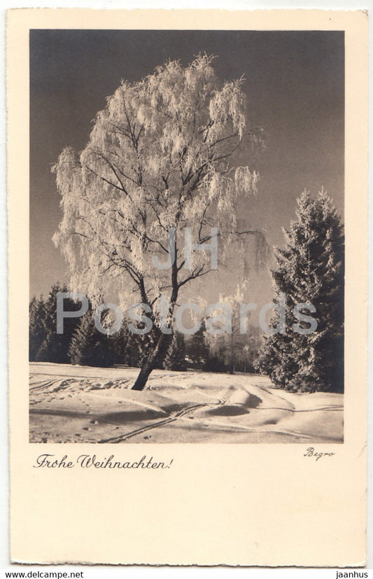 Christmas Greeting Card - Frohe Weihnachten - winter view - birch - Begro 5012 - old postcard - Germany - used - JH Postcards