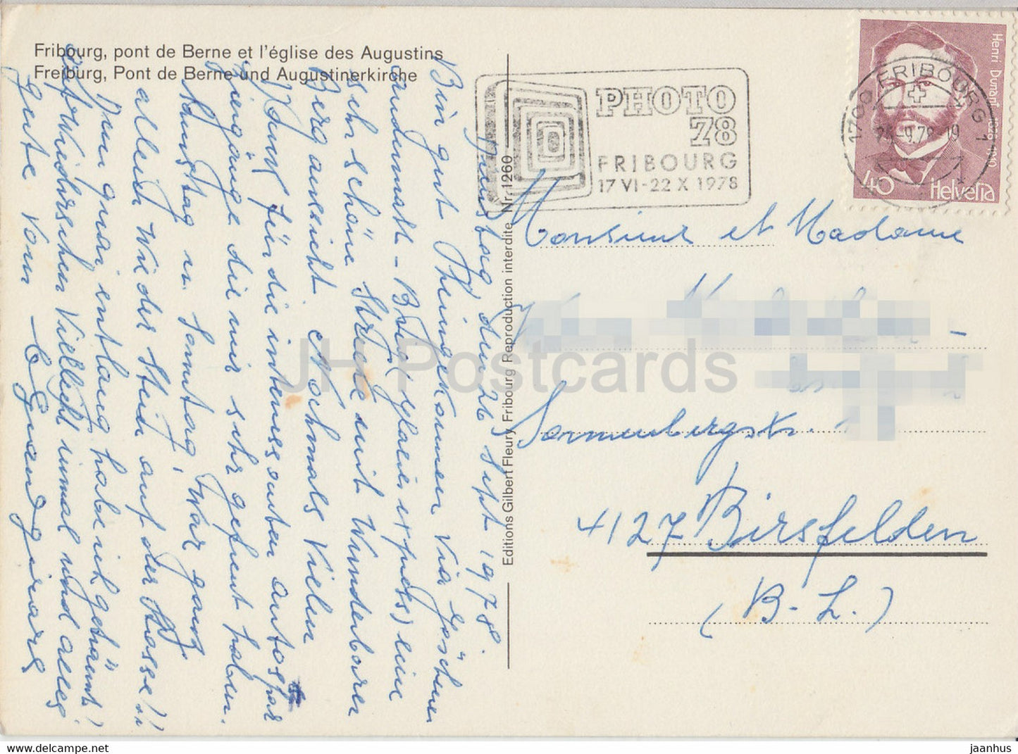 Fribburg - Fribourg - pont de Berne et l'église des Augustins - 1260 - 1978 - Suisse - occasion