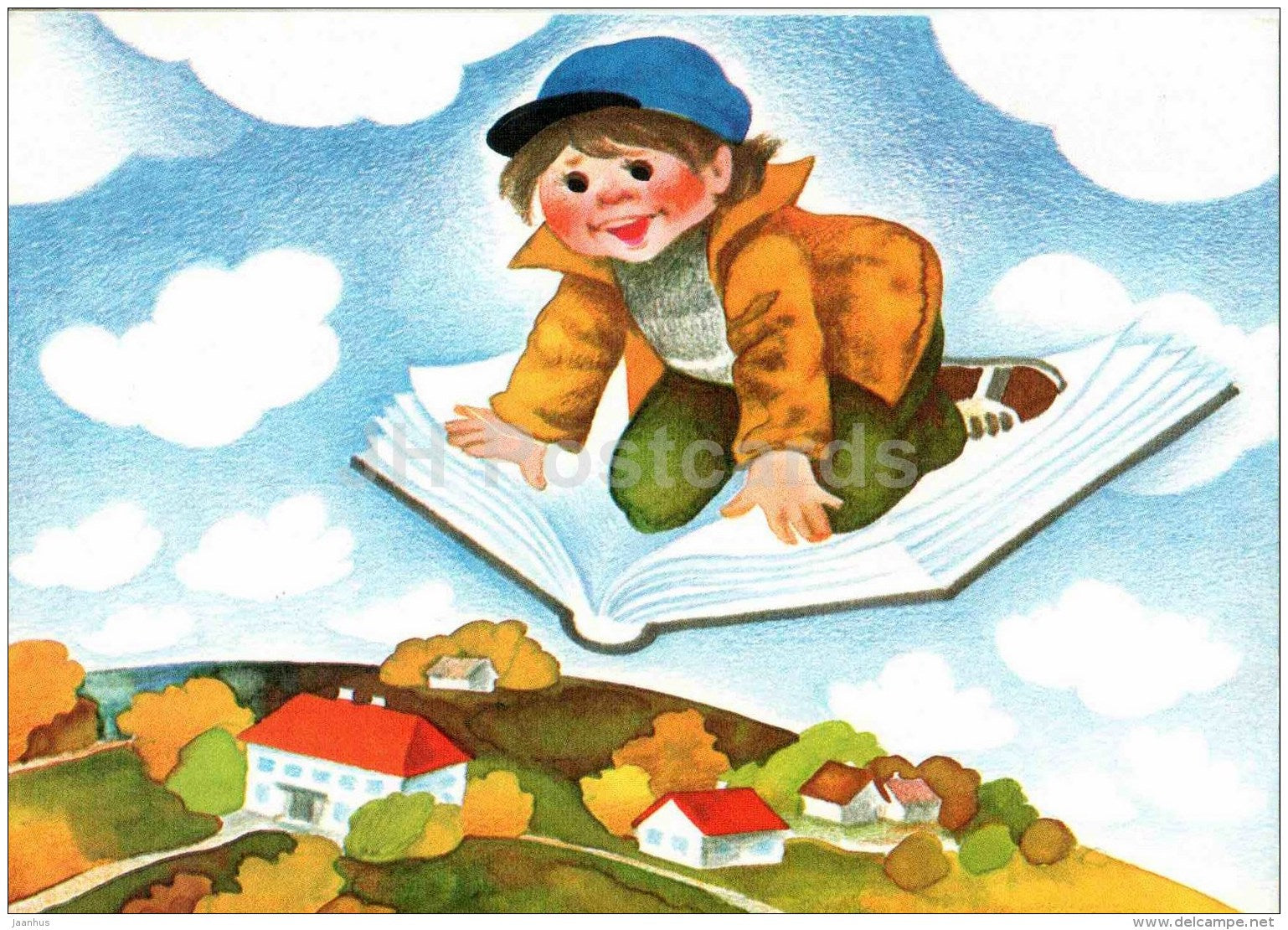 illustration by Ü. Meister - 12 Months , September - boy - flying book - 1990 - Estonia USSR - unused - JH Postcards