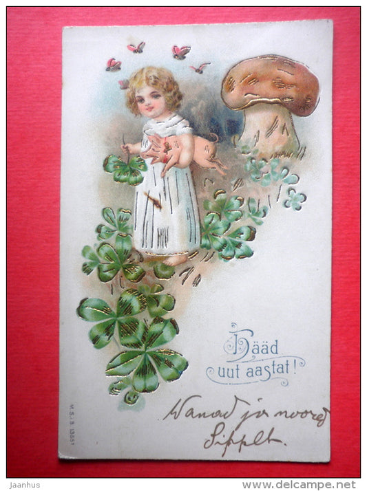 new year greeting card - girl - pig - mushroom - butterfly - 13551 circulated in Imperial Russia Estonia Wesenberg 1900s - JH Postcards
