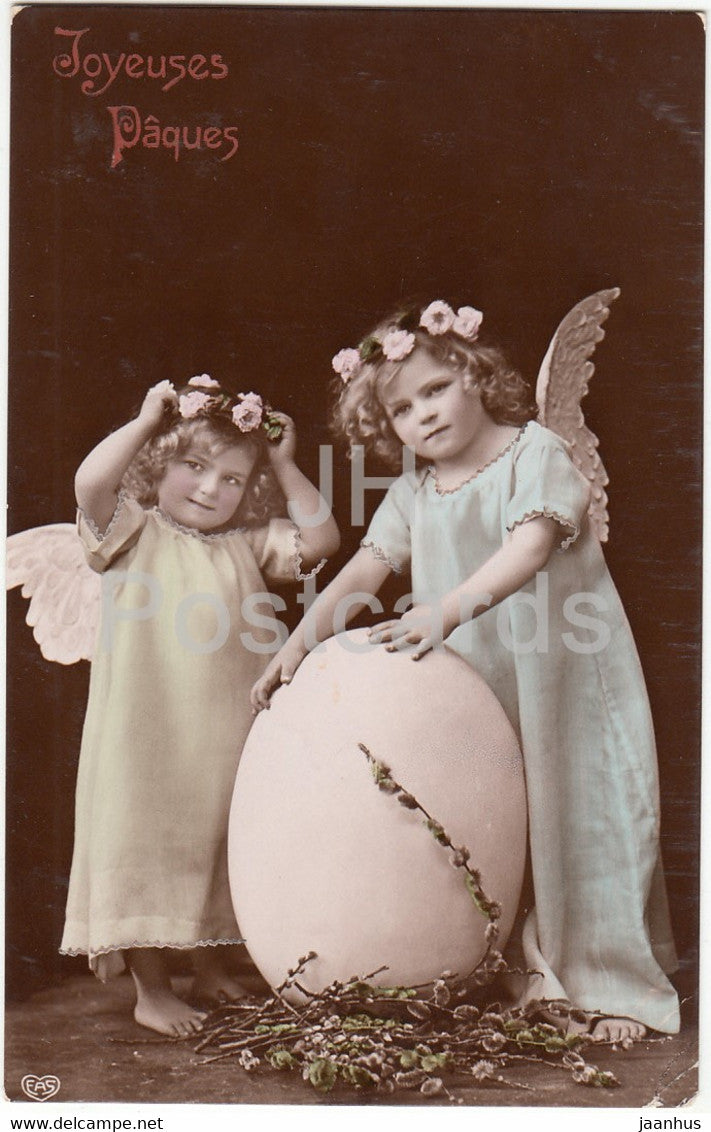 Easter Greeting Card - Joyeuses Paques - children - angels - EAS 802 - old postcard - France - used - JH Postcards
