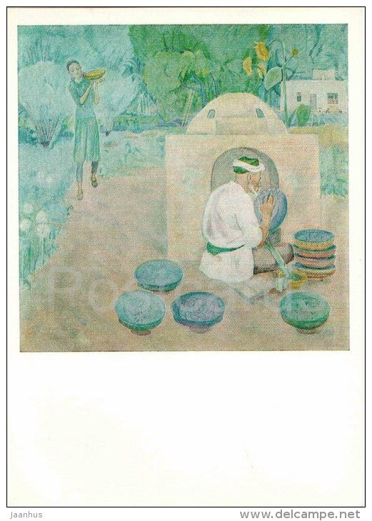 painting by B. Babayev - Morning of Artisan , 1971 - pottery - ceramics - uzbek art - unused - JH Postcards