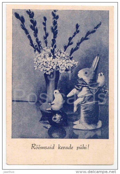 Easter Greeting Card - catkins - hare - chicken - WO 518 - old postcard - circulated in Estonia - JH Postcards